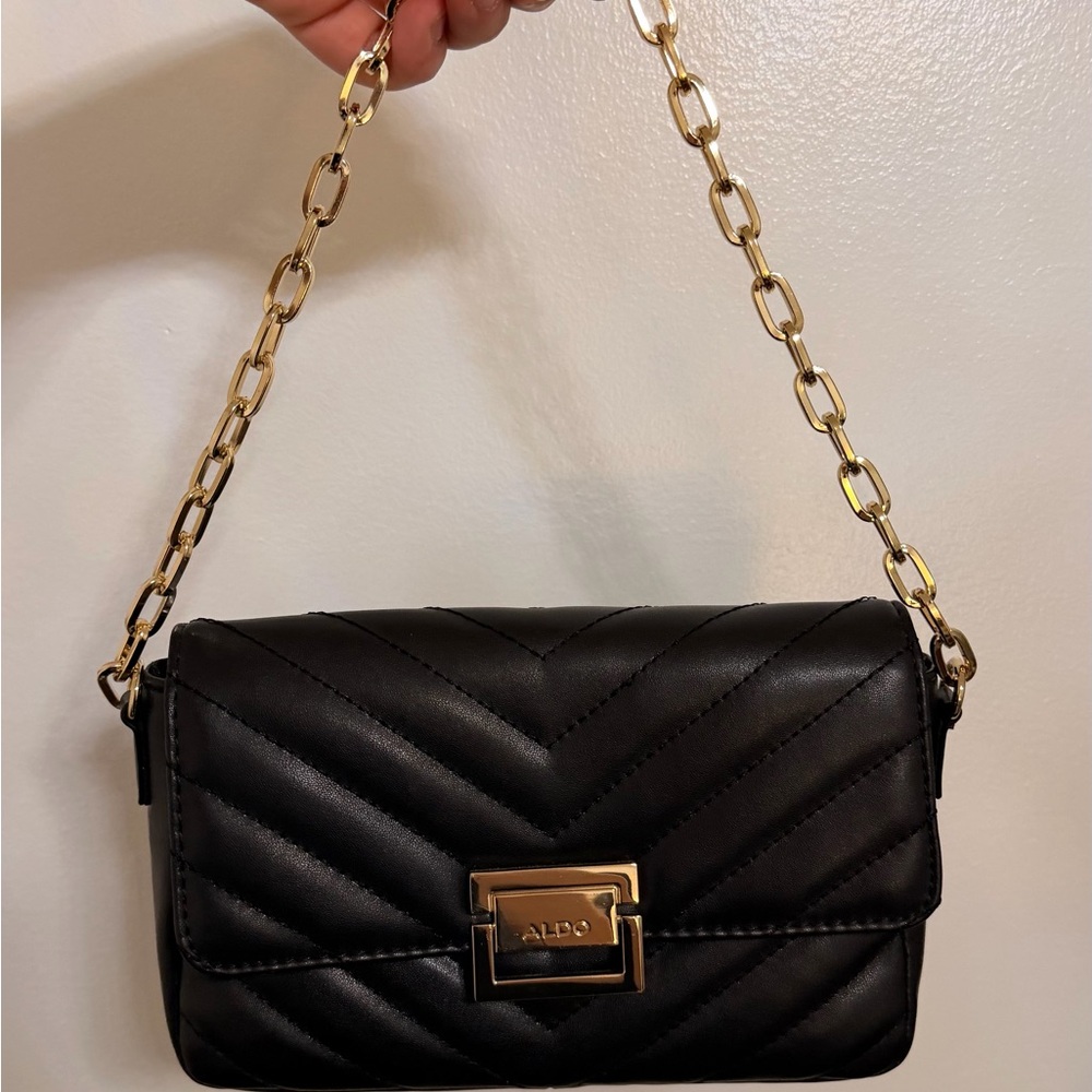 ALDO Black Quilted Bag with Gold Chain